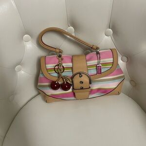 Small Pink and Tan Striped Coach Bag